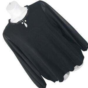 NWOT! SIONI! BLACK KNIT SHEER RUFFLE COLLAR & SLEEVES, PEARL DETAIL SWEATER! 2X